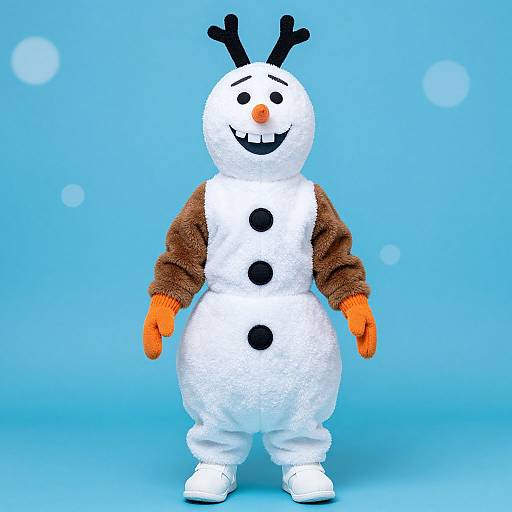 Photograph of a cartoon-style snowman costume with black buttons, orange gloves, and brown sleeves, standing against a bright blue background.