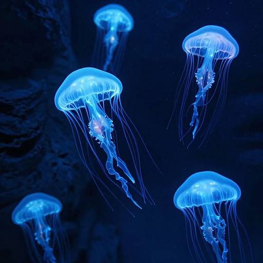 Photograph of glowing blue jellyfish with translucent, flowing tentacles against a dark blue underwater background, showcasing ethereal, luminescent beauty.
