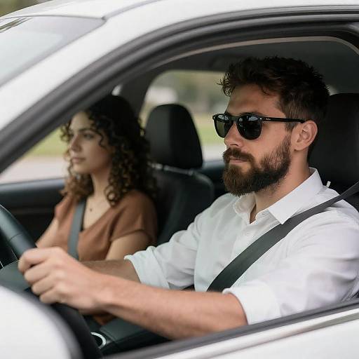 Sunlit Car Interior: Driving Couple Portrait