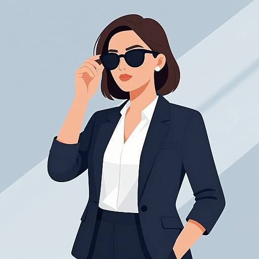 Digital illustration of a confident woman with short brown hair, wearing a black suit, white shirt, and black sunglasses, adjusting her glasses. Background features diagonal