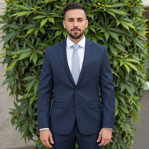Photograph of a handsome, bearded man with short dark hair in a black suit, white shirt, and patterned tie, standing in front of