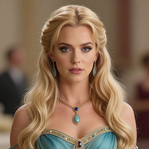Photograph of a blonde woman with long wavy hair, wearing a turquoise strapless gown with gold trim, blue teardrop earrings, and matching