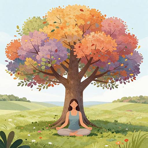 Woman Meditating Under Colorful Tree
