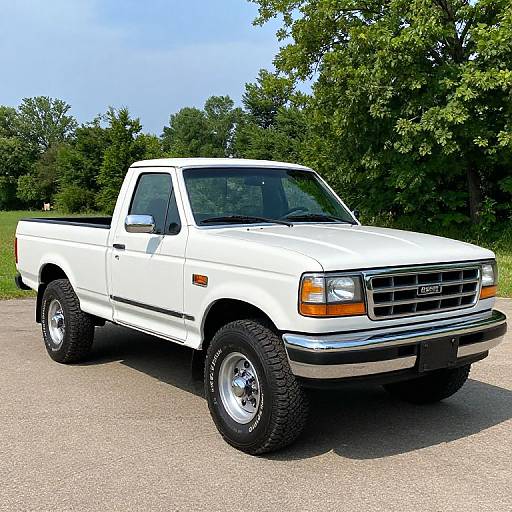 Photograph of a white Ford F-150 pickup truck with lifted suspension, large black tires, and chrome accents, parked on a gravel lot with lush