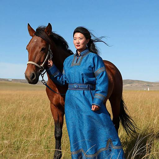 Mongolian Woman with Horse in Field
