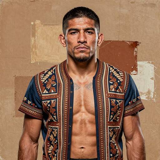 Photograph of a muscular, tan-skinned man with short dark hair and stubble, wearing an open, patterned, tribal-style shirt, against