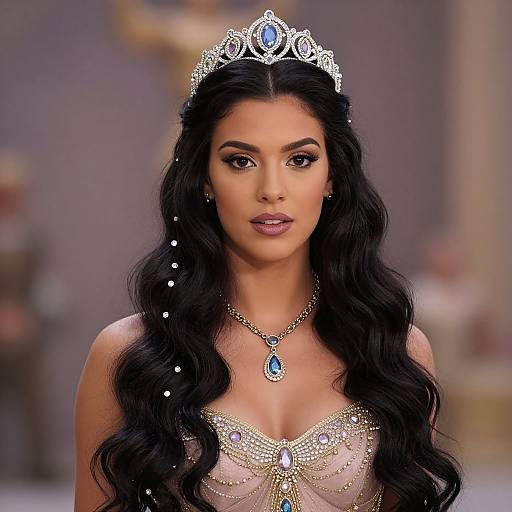 Photograph of a beautiful woman with long black wavy hair, wearing a sparkling silver tiara, blue gemstone necklace, and intricate gold-beaded
