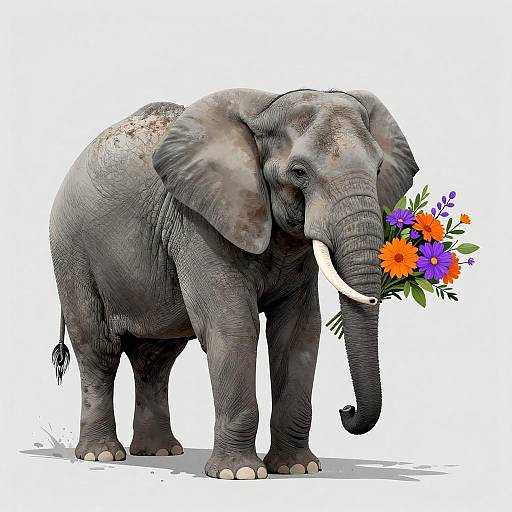 Elephant Holding Colorful Bouquet