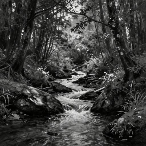 Black-and-white digital drawing of a serene forest stream flowing over rocks, surrounded by tall trees and dense foliage, with sunlight filtering through the canopy.