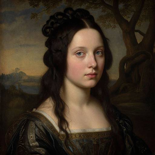 Portrait of a pale, young woman with blue eyes, dark wavy hair in an elaborate updo, wearing a black Renaissance dress, against a dark