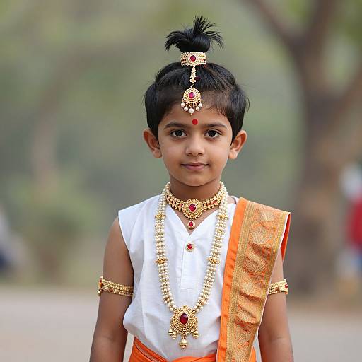 Photograph of a young Indian boy with dark skin, black hair in a topknot, wearing traditional gold jewelry, white shirt, orange and gold