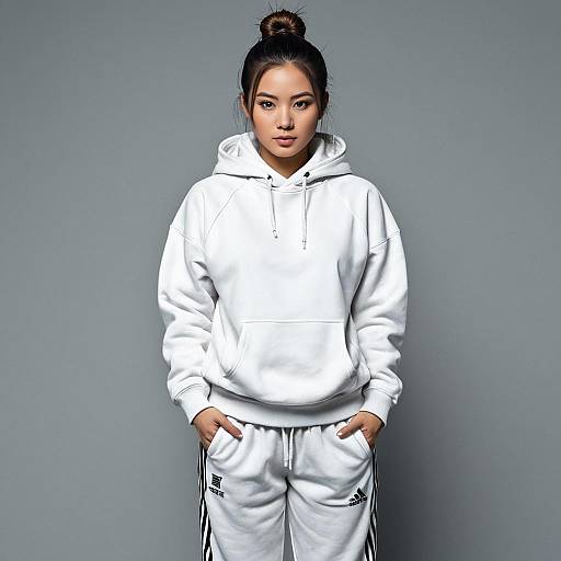 Asian Woman in White Hoodie and Tracksuit