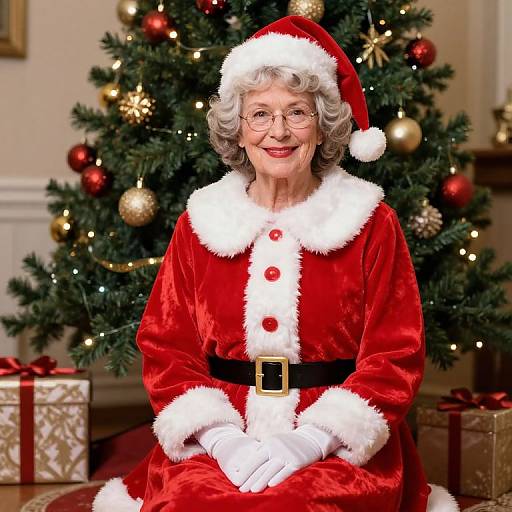 Photograph of an elderly woman with gray curly hair, wearing a red velvet Santa outfit with white trim, black belt, and white gloves, smiling in