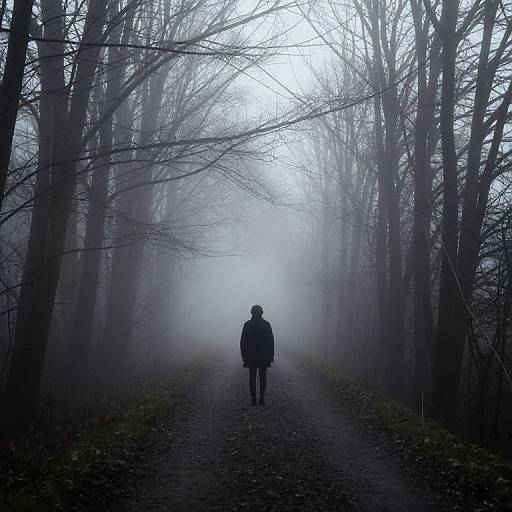 Silhouetted person walking down a foggy, forest path with bare trees on either side, creating a mysterious, ethereal atmosphere. Photograph.