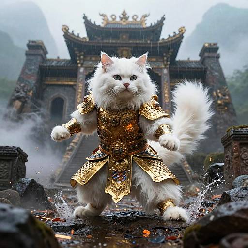 Regal White Angora Cat in Golden Armor