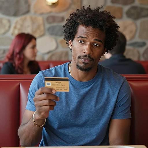 Man Holding Card in Restaurant Booth