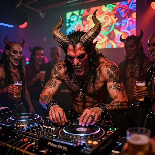 Photograph of a shirtless, tattooed, horned DJ with a fierce expression, spinning records in a dimly lit club, surrounded by horn