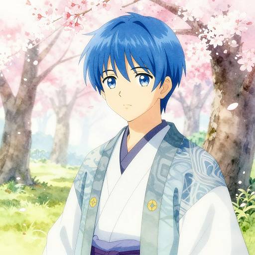 Blue-Haired Anime Male in Cherry Blossoms