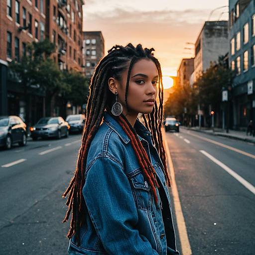 Woman with Long Dreads on Urban Street at Sunset