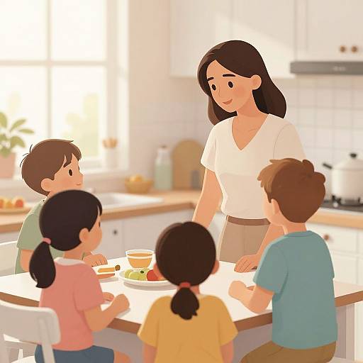 Digital illustration of a smiling brunette woman in a white shirt teaching four children with ponytails and short hair to eat at a sunlit kitchen island.