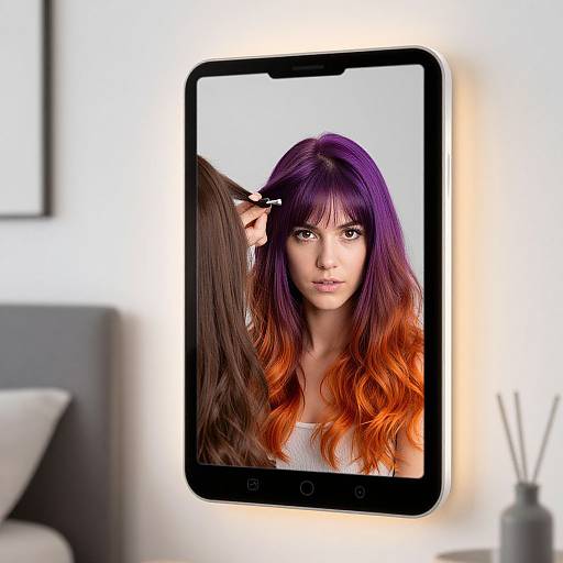Photograph of a woman with vibrant purple and orange ombre hair, reflected in a smartphone screen, holding a black hairbrush, in a modern
