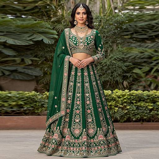 Photograph of a beautiful Indian woman in an elegant green lehenga with gold and pink embroidery, adorned with jewelry, standing against lush greenery.