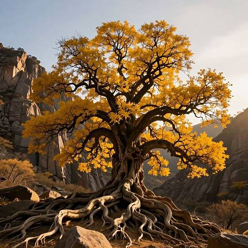 Photograph of a majestic, gnarled tree with vibrant yellow autumn leaves, rooted in exposed, twisting roots, set against a rugged, sunlit