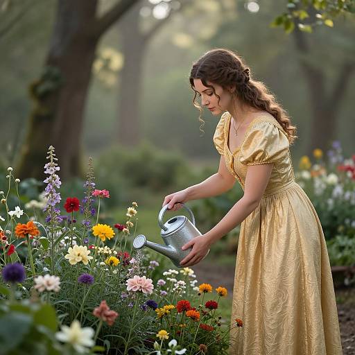 Photograph of a curly-haired woman in a gold dress watering a vibrant garden with colorful flowers, sunlight filtering through trees.