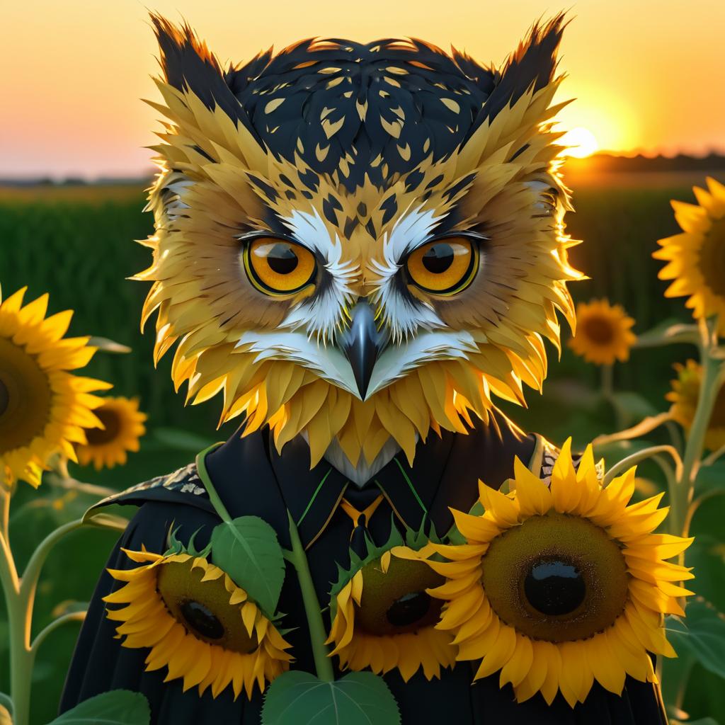 Serious Young Owl with Sunflowers