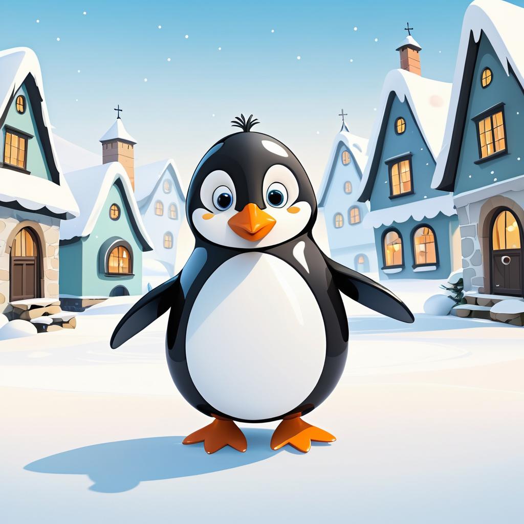 Whimsical Penguin in a Snowy Village