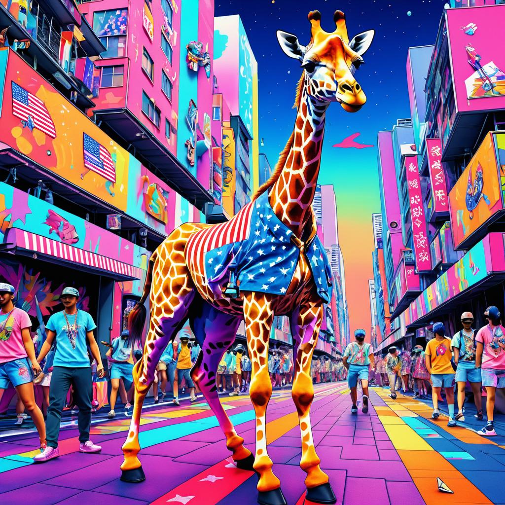 Vibrant Giraffe in Cyberpunk Festival