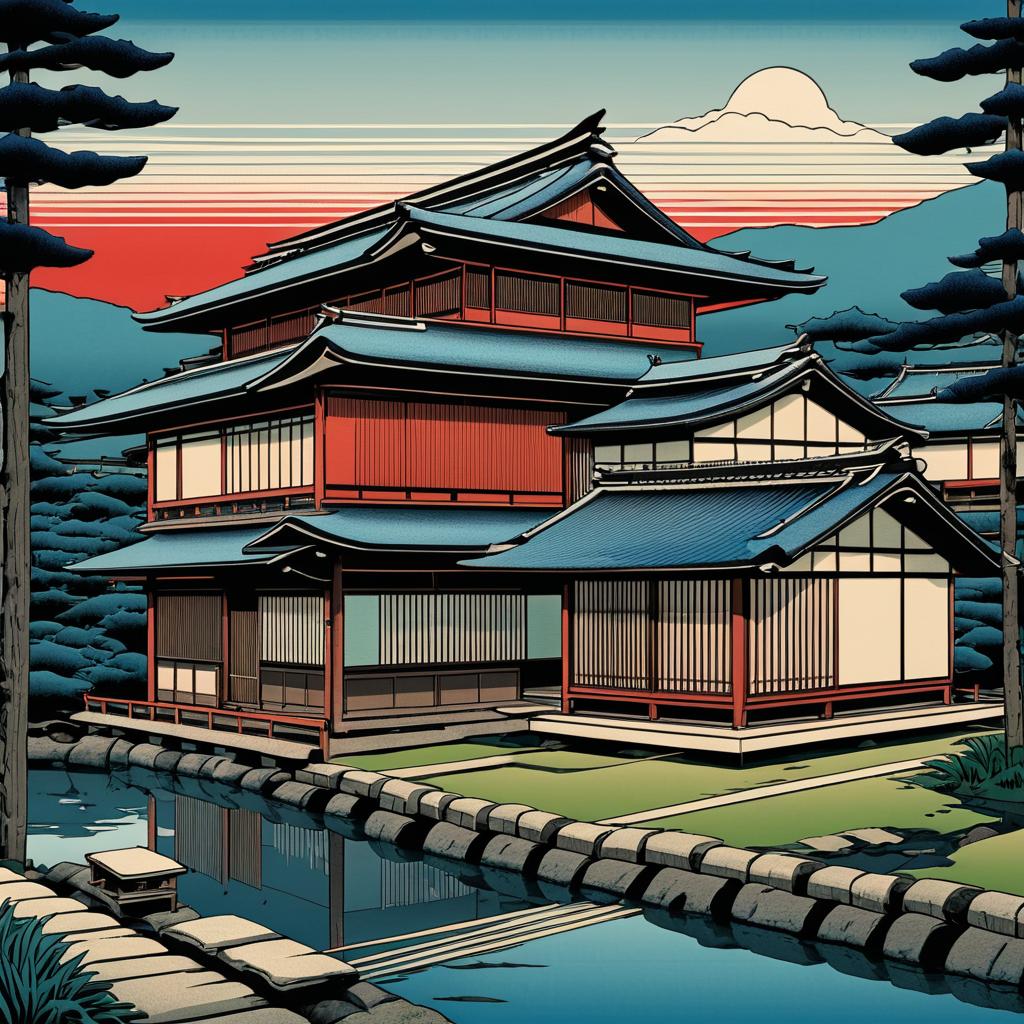 Traditional Japanese House in Ukiyo-e Style