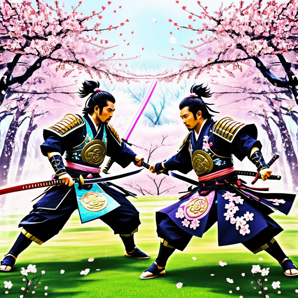 Dynamic Samurai Duel in Cherry Blossoms