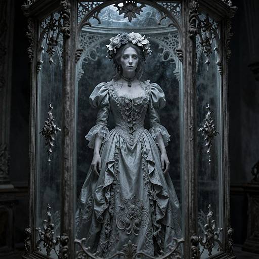 Photorealistic digital artwork of a Victorian-era woman in an ornate, blue-tinted dress, floral crown, standing within an elaborate, dark
