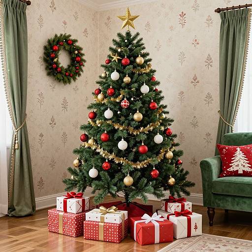 Photograph of a decorated Christmas tree with red and gold ornaments, gold star topper, surrounded by wrapped gifts, green armchair, and wreath
