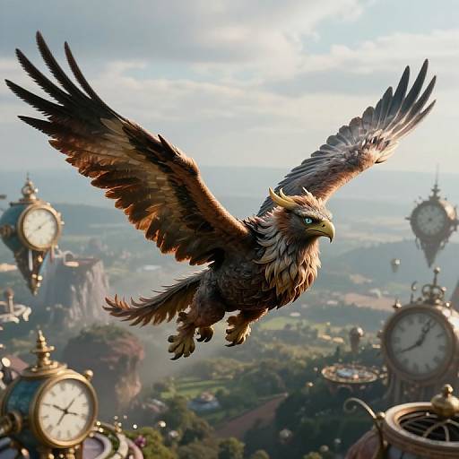 Digital artwork of a majestic, brown-feathered gryphon with yellow beak and talons, soaring above a fantasy cityscape with ornate