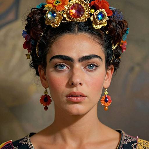 Photograph of a young woman with dark curly hair adorned with a vibrant flower crown and ornate gold and jewel headpiece, wearing colorful floral earrings and