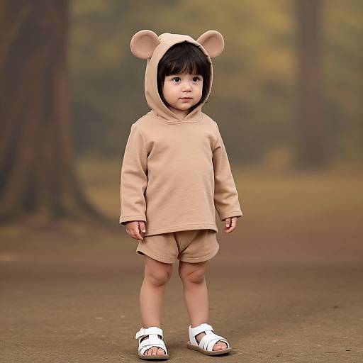 Toddler in Bear-Eared Hoodie and Shorts