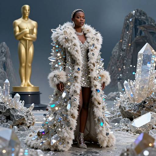 Photograph of a black woman in a glittery, fur-trimmed, crystal-embellished coat, standing in front of a golden Oscar