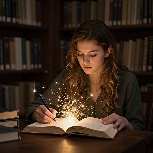 Photograph of a young woman with long brown hair, wearing a dark shirt, writing in an open book surrounded by sparkling light, in a dimly
