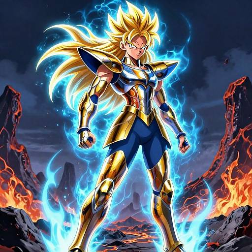 Digital anime artwork of a blonde, muscular warrior with glowing blue electricity, golden armor, and fierce expression, standing on fiery, rocky terrain.