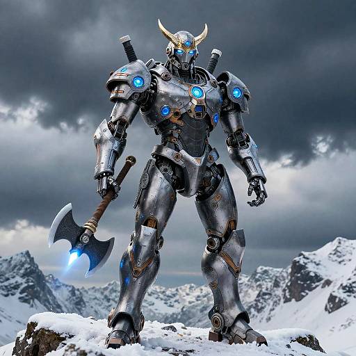 Futuristic Robot Viking on Snowy Peak