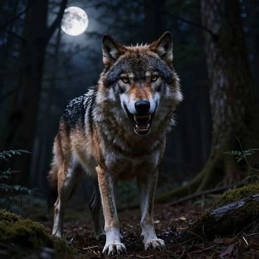 Photorealistic image of a snarling wolf with vivid fur details, standing on a forest path under a full moon. Dark, shadowy woods