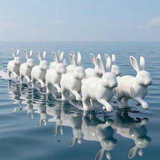 Ceramic White Rabbits Galloping on Ocean