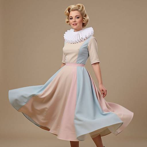 Photograph of a blonde woman with vintage curled hair, wearing a white short-sleeve top, large ruffled collar, and pastel pink and