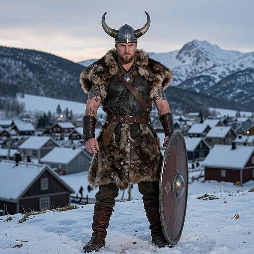 Viking Warrior in Snowy Village