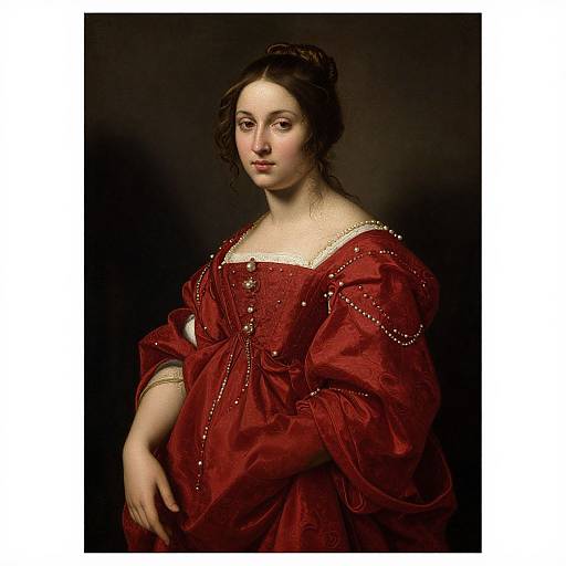 Baroque portrait of a young woman with fair skin, dark curly hair, and red, pearl-embellished dress, standing against a dark background