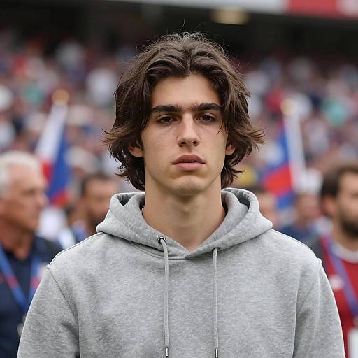 Young Man in Gray Hoodie at Stadium
