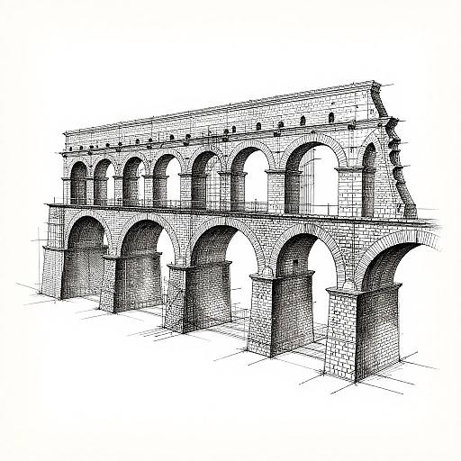 Black-and-white architectural drawing of a Roman-style arch structure with multiple arches on two levels, rendered in detailed cross-hatching style.