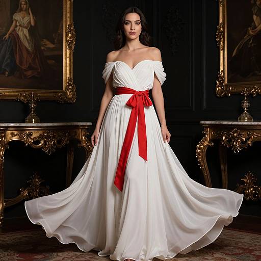 Photograph of a dark-haired woman in a white off-shoulder gown with a large red ribbon, standing in an ornate, dark room with